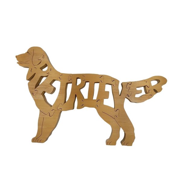 Retriever Dog Wooden Scroll Jigsaw Puzzle Figurine Art Wood USA Signed By Maker - Picture 1 of 5